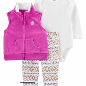 Girls 3 piece set with leggings, onesie, and vest. Pink with snowflake. NWT